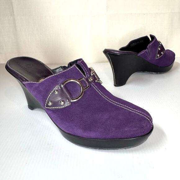 Cole Haan Shoes - COLE HAAN Suede Heeled Mules Women's 8 Purple Buckle Made in Brazil